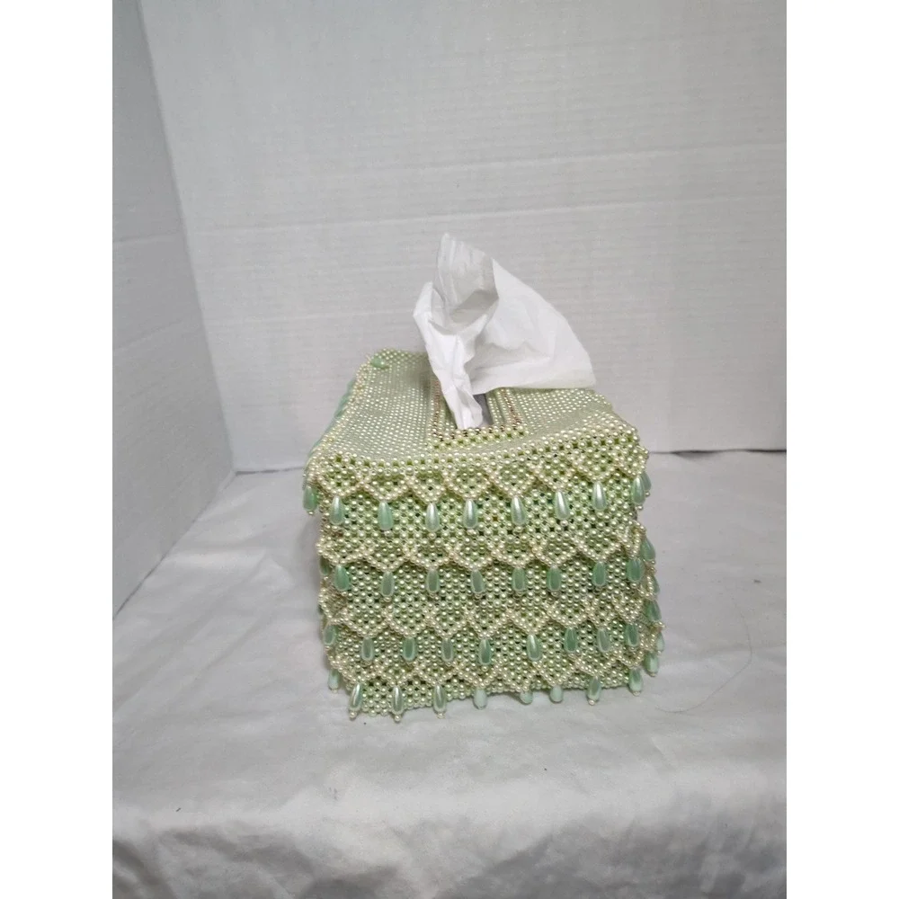 Handmade Green & White Beaded Tissue Box Cover 9.5